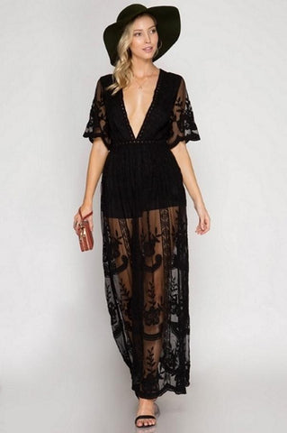 Front View Lace Maxi Dress in Black at Misty Boutique 