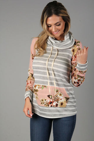Front View Pink and Gray Striped Sweater at Misty Boutique 