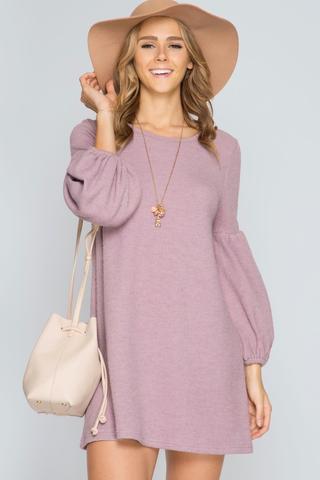 Front View Living In Long Balloon Sleeve Mauve Dress at Misty Boutique