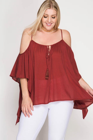Front View Rusty Rose Cold Shoulder Top at Misty Boutique 