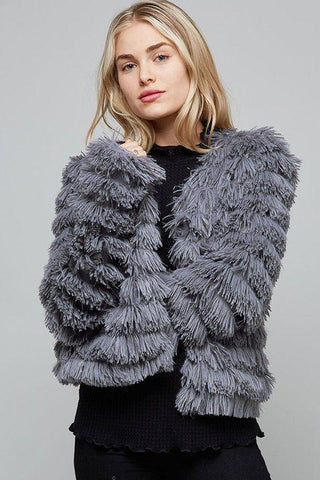 Front View Grey Layered Fur Jacket at Misty Boutique 