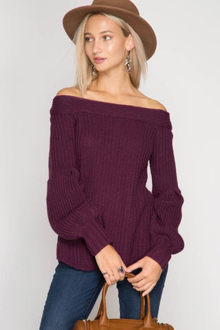 Front View Purple Balloon Sleeve Off Shoulder at Misty Boutique 