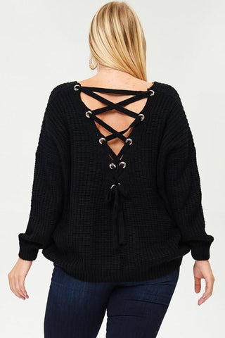 Back View Lace-up Back Plus Size V Neck Sweater at Misty Boutique 