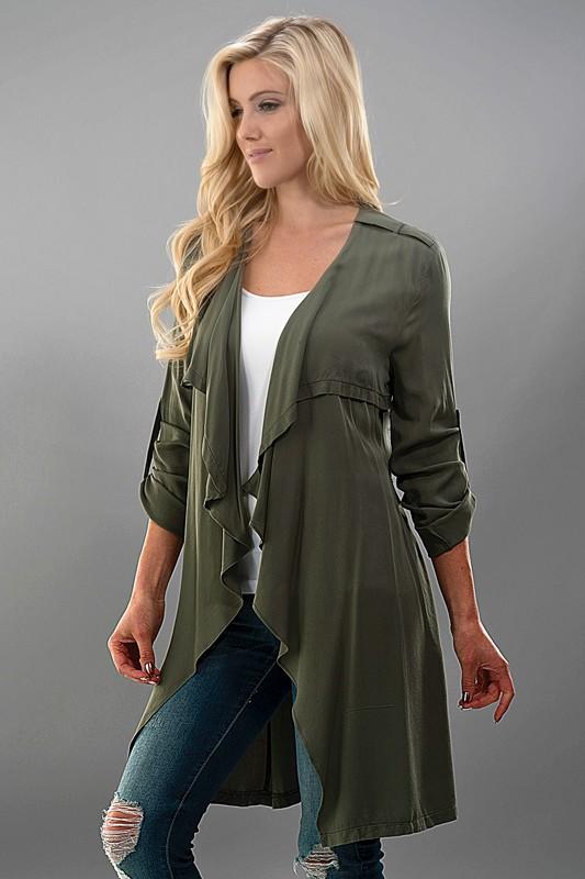 Olive Long Cardigan With Roll Up Sleeve