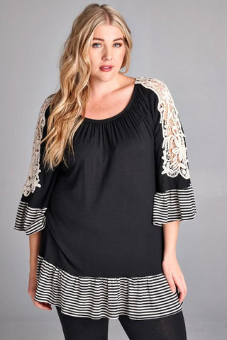 Front View Black Tunic Top With Lace at Misty Boutique 