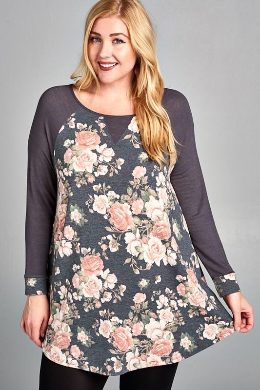 Everywhere I Go Tunic Top - Grey/Floral