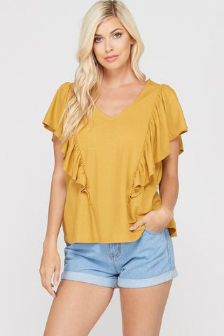 Front View Sleeveless Ruffled T-Shirt - Mustard at Misty Boutique 