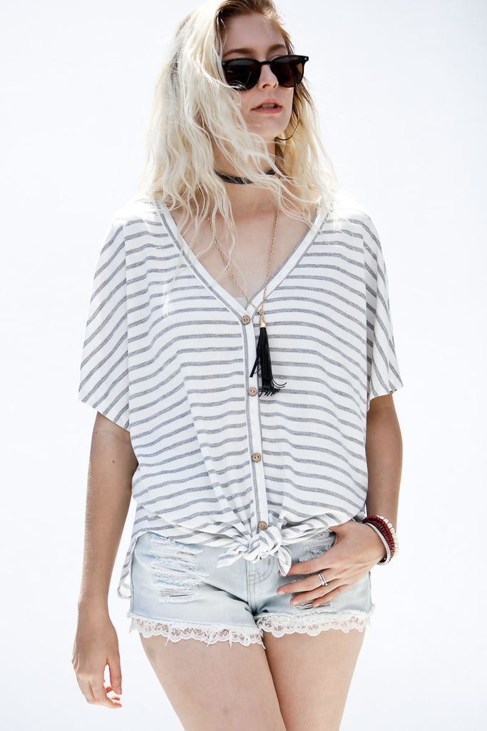 Striped Button Up Top With Front Tie Detail