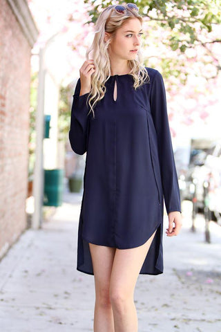 Front View Perfect Dual Long Side Split Shirt - Navy at Misty Boutique 