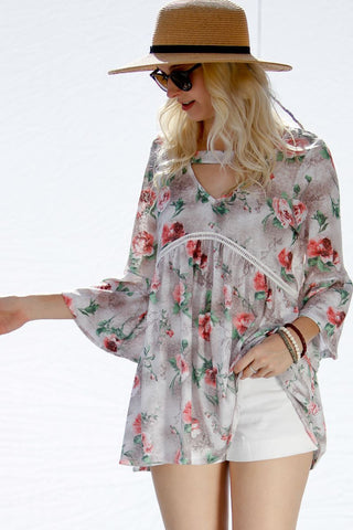 Front View Floral Bell Sleeves Top - Grey at Misty Boutique 