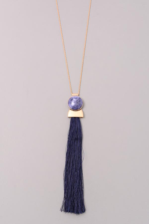 Long Tassel & Stone Charm Necklace