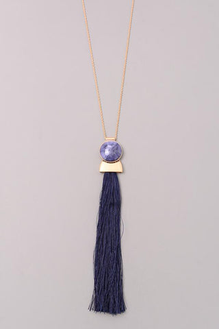 Long Tassel & Stone Charm Necklace at Misty Boutique