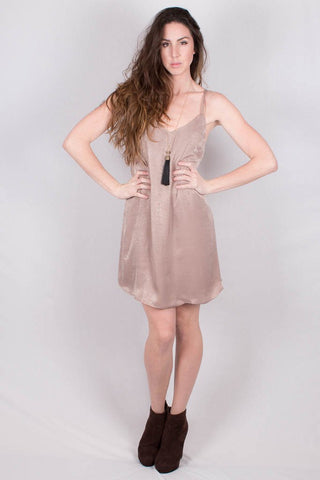 Front View Glamour taupe dress at Misty Boutique 