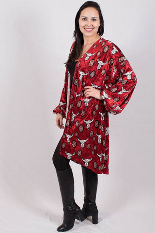 Side View Be My Love Red Bull Skull Kimono at Misty Boutique 